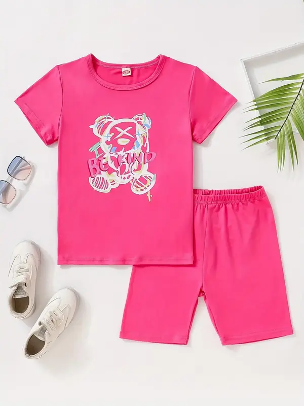 Two-Piece Set Girl's Cartoon Bear Print Tee & Plain Elastic Waist Shorts Set, Casual Round Neck Short Sleeve T-Shirt & Shorts...