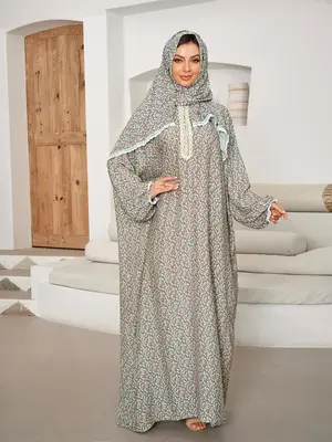 Women's Ditsy Floral Print Contrast Lace Prayer Dress with Integrated Hijab, Elegant Batwing Sleeve Kaftan for Daily Wear, La...