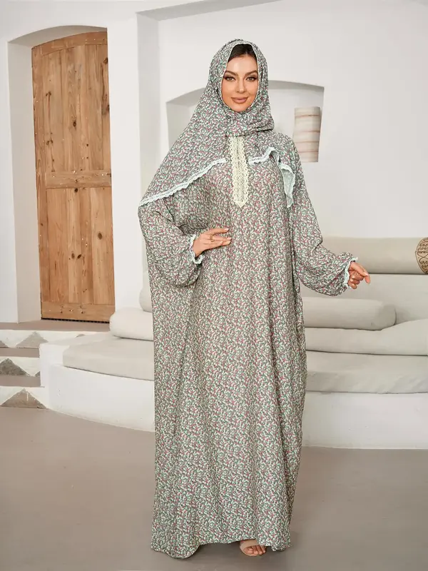 Women's Ditsy Floral Print Contrast Lace Prayer Dress with Integrated Hijab, Elegant Batwing Sleeve Kaftan for Daily Wear, La...