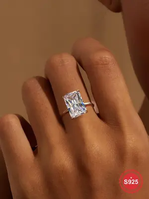 S925 Sterling Silver Rectangular Zircon Ring, Solitaire Engagement Rings, Fashion Accessories for Women & Girls, Trendy All-m...