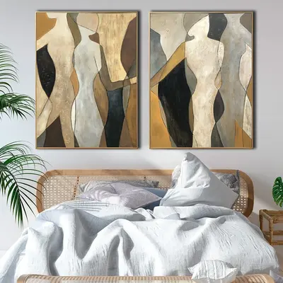 Original Oil Painting Canvas Figurative Wall Art Abstract Shapes Painting Gold Leaf Artwork Diptych Painting Human Silhouette...