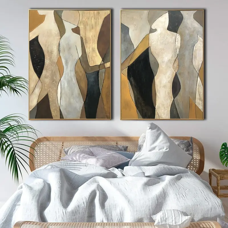 Original Oil Painting Canvas Figurative Wall Art Abstract Shapes Painting Gold Leaf Artwork Diptych Painting Human Silhouette...