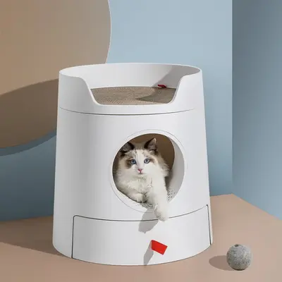 Michu x Mayitwill XL Castle 2-in-1 Front Entry Cat Litter Box with Scratch Basin & Scoop Included, White