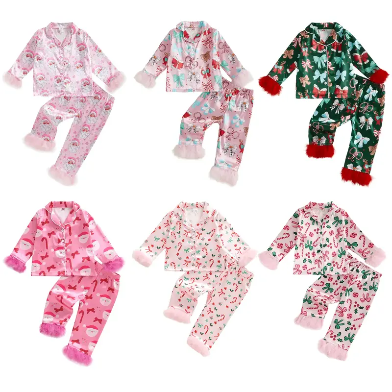 Toddler Girl Christmas Satin Silk Pajamas Button Down 2 Piece Pajama Set Little Kids Girls Pjs Nightgown Outfit （6 months t...