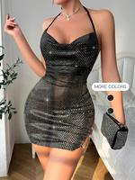 Women's Glitter Chain Decor Backless Split Thigh Cami Dress, Elegant Halter Neck Tie Back Mini Dress for Party Club Dating We...