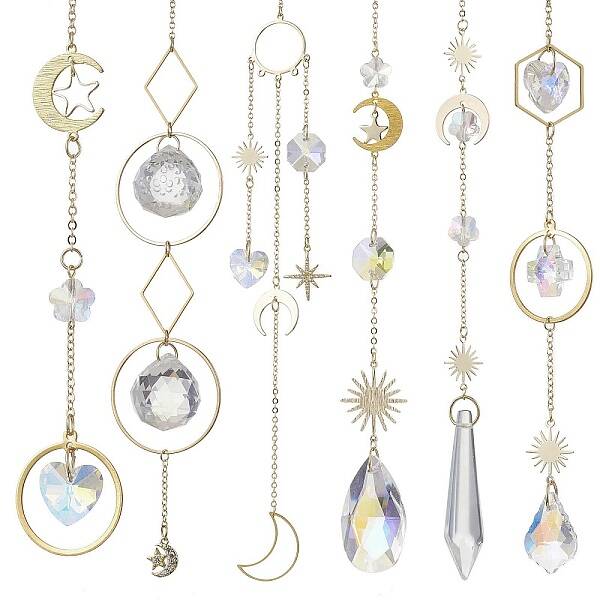 Glass Crystal Balls & Brass Sun Moon Pendant Ornament