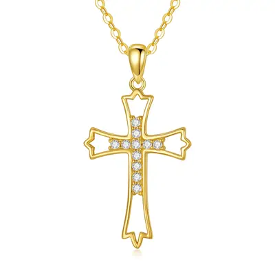 14K Gold Circular Shaped Zircon Cross & Filigree Pendant Necklace