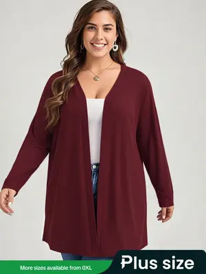 Plus Size Women's Casual Knit Cardigan, Soft Fabric Fashion Sweater, Versatile Plain Color Top, European Style Open Front Coa...