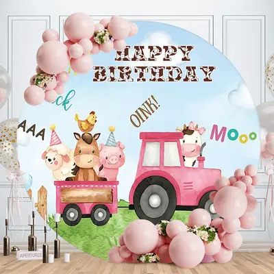 Aperturee Pink Car And Cute Animals Round Happy Birthday Backdrop
