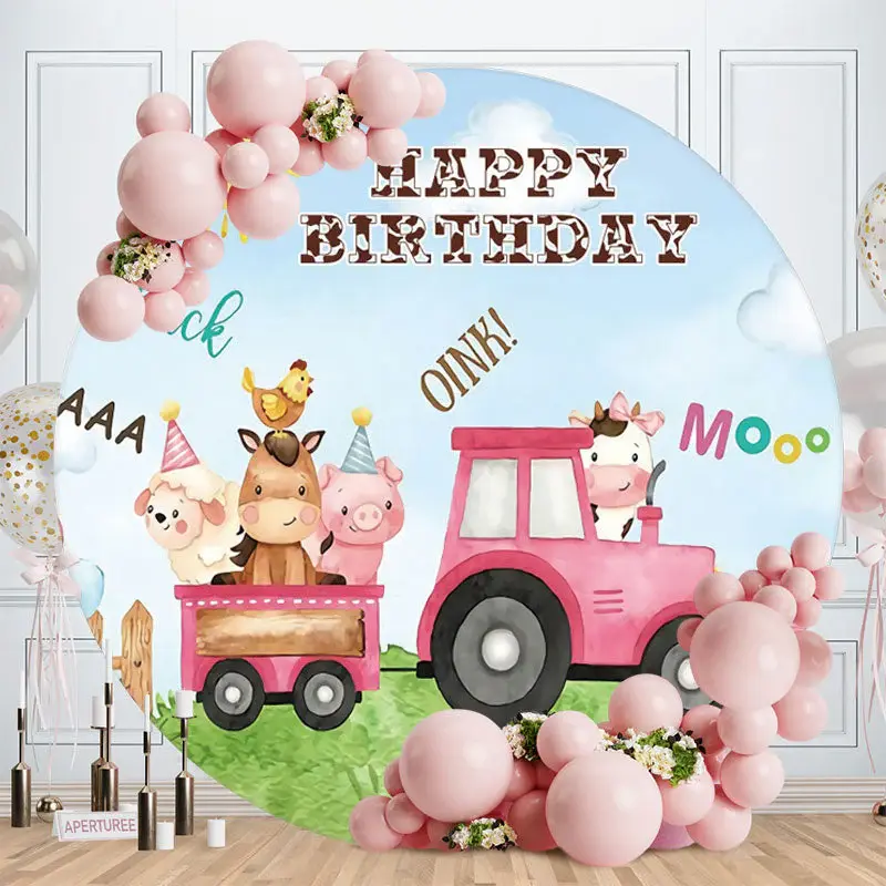 Aperturee Pink Car And Cute Animals Round Happy Birthday Backdrop