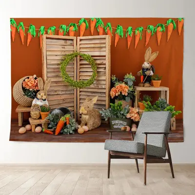 Aperturee Rabbit Parrots Wooden Floral Easter Day Backdrop