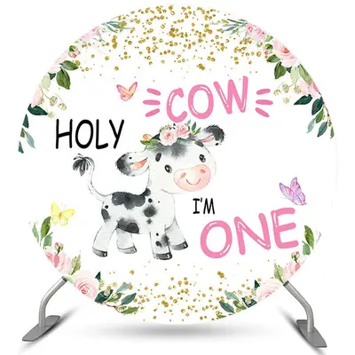 Aperturee Pink Floral Holy Cow Round Happy 1St Birthday Backdrop | Birthday Curtain Backdrop | Backdrop For Birthday Party | ...