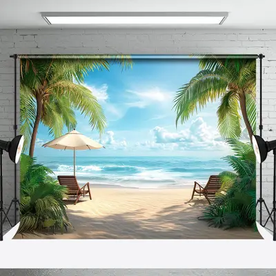 Sandy Beach Palm Trees Chair Holiday Summer Backdrop