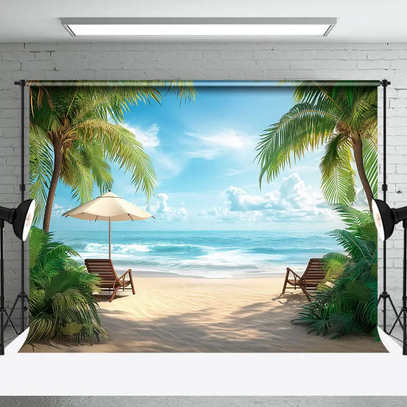 Sandy Beach Palm Trees Chair Holiday Summer Backdrop