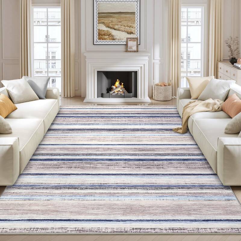Garvee Washable Living Room Rug 8x10 Large Modern Strip Accent Carpet with Non-Slip Backing, Soft Low Pile Area Rug, Stain-Re...