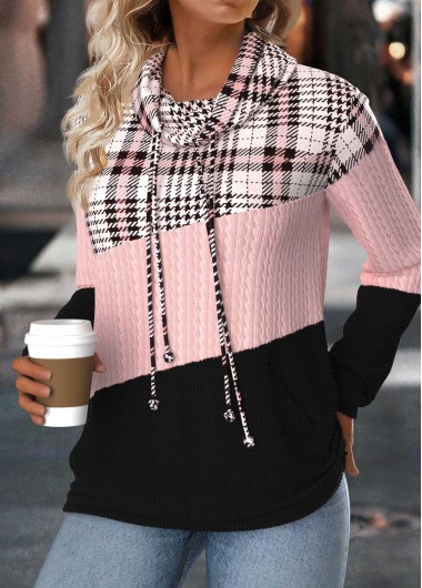 Modlily Light Pink Tummy Coverage Plaid Long Sleeve Sweatshirt - L