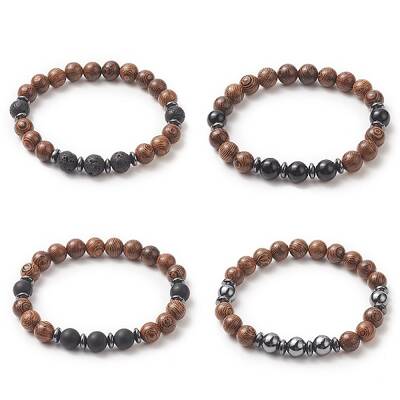 Gemstone & Natural Wood Beaded Stretch Bracelet for Men Women