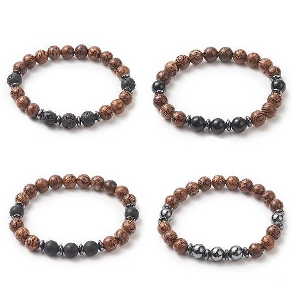 Gemstone & Natural Wood Beaded Stretch Bracelet for Men Women