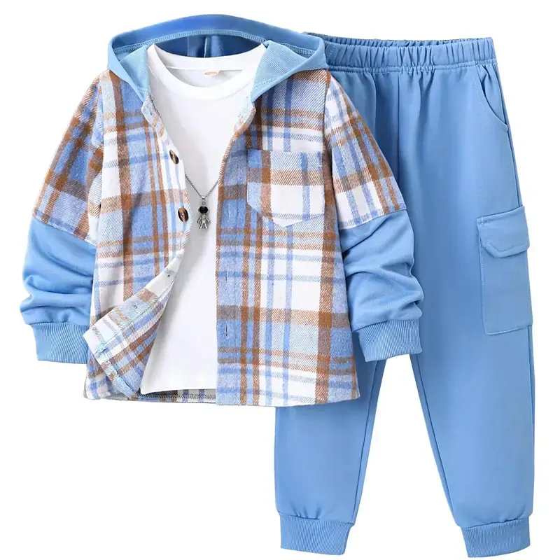 2-piece boys' set autumn and winter new Halloween boys' clothing long sleeved checkered hooded sweatshirt jacket clothing chi...