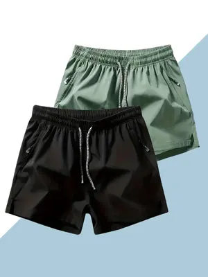 Men's Solid Drawstring Waist Back To School Shorts, Casual Regular Fit Zipper Shorts for Summer, Breathable Men's Bottoms fo...
