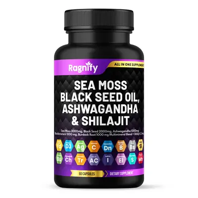 RAGNIFY Sea Moss Black Seed Oil Burdock Root, Bladderwrack & Muira Puama for Immunity, Gut, & Energy - Superfood Sea Moss Sup...
