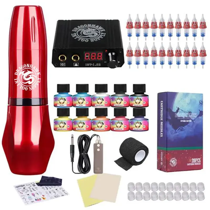 Dragonhawk Tattoo Machine Kit Pen Rotary Tattoo Machine 20Pcs Cartridge Needles for Tattoo Artists 1013-7DIY