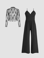 【Plus Size】 Two-Piece Set Solid Lettuce Trim Lace Crop Top & Wide Leg Cami Jumpsuit, Elegant Fashion Outfits for Daily ...