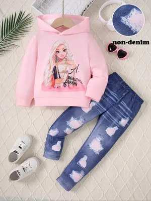 Two-Piece Set Girl's Cartoon Figure Print Sweatshirt & Denim-Effect Print Leggings Set, Casual Fashion Long Sleeve Hooded Pul...