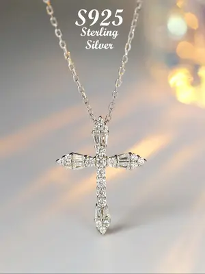 925 Sterling Silver Rhinestone Cross Pendant Necklace for Women, Fashion Jewelry for Party, Daily Clothing Decor, Trendy All-...