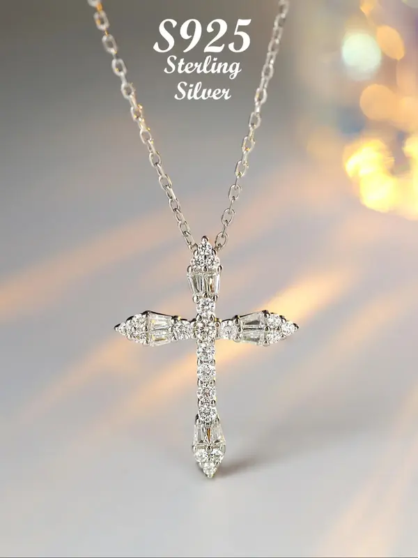 925 Sterling Silver Rhinestone Cross Pendant Necklace for Women, Fashion Jewelry for Party, Daily Clothing Decor, Trendy All-...