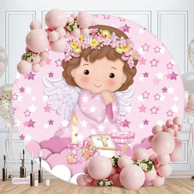Aperturee Pink Flower And Girl Round Baby Shower Backdrop