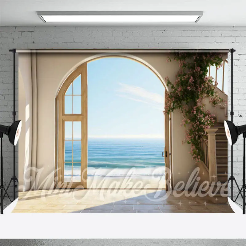 Pink Floral Arch Door Seaside Retro Wall Backdrop - Aperturee