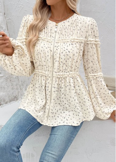 Modlily Beige Peplum Ditsy Floral Print Long Sleeve Blouse - XL