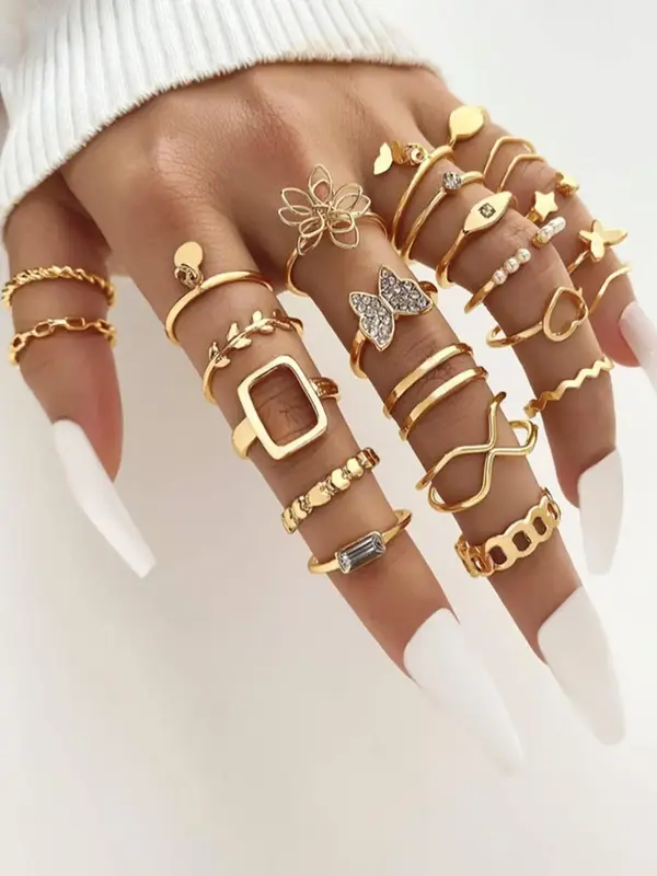 Women's Elegant Fashion Rhinestone Decorated Hollow Out Butterfly Flower Star Geometric Design Ring, Casual Elegant All-match...