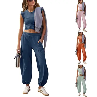 UANEO Women's Two-Piece Casual Suit Short Top With Sports Pants Sportswear With Pockets Lady Comfort Minimalist #TikTokShopBa...