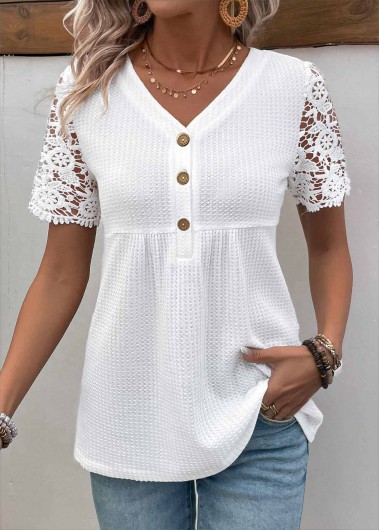 Modlily White Patchwork Short Sleeve V Neck Blouse - M