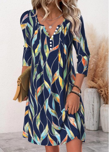 Modlily Navy Leaf Print Short Long Sleeve Split Neck Dress - XXL