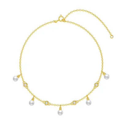 14K Gold Round Cubic Zirconia & Pearl Metal Choker Necklace