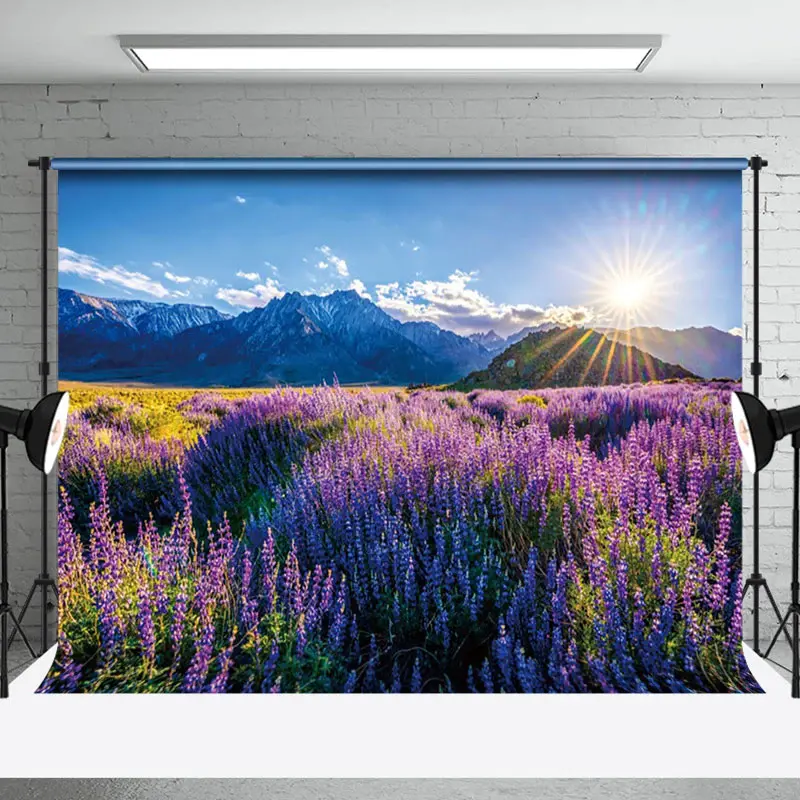 Aperturee Tranquil Lavender Field Mountains Sunrise Backdrop | Photography Photo Background | Photo Booth Backdrop | Photo St...