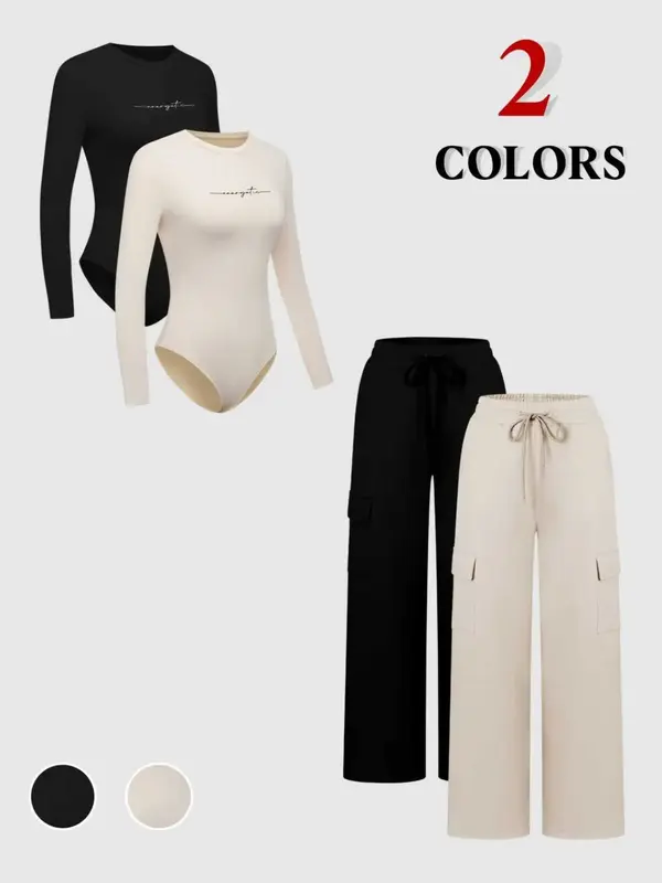 Women's Solid Long Sleeve Bodysuit & Drawstring Waist Pants Set, Casual Round Neck Bodysuit & Trousers, Women's Clothing for ...