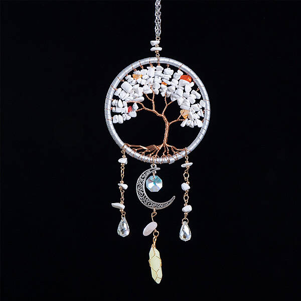 Copper Wire Wrapped Natural Howlite Chips Tree of Life Hanging Ornaments