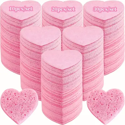 Heart Shaped Facial Sponge, 10/20/30pcs Compressed Face Wash Pad, Exfoliating Facial Cleansing Sponge, Facial Skin Beauty Too...