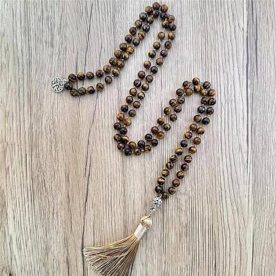 Natural Tiger Eye Mala Prayer Round Beaded Wrap Necklaces with Long Tassel and Metal Tree of Life