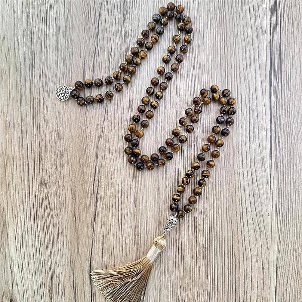 Natural Tiger Eye Mala Prayer Round Beaded Wrap Necklaces with Long Tassel and Metal Tree of Life