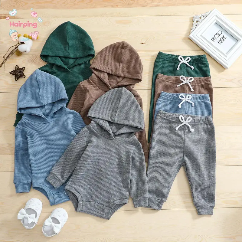 Newborn Jumpsuit Outfit Baby Boys Girls Solid Color Long Sleeves Hooded Romper and Trousers Set