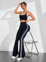 Sporty Women's Plain Striped Trim Sports Bra & High Waist Flare Leg Pants Tracksuit Set, Sport Comfy Breathable for Yoga Gym ...