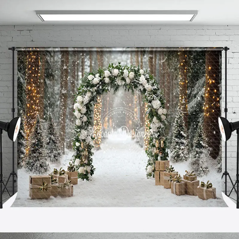 White Flowers Embellish Green Arch Winter Backdrop - Aperturee