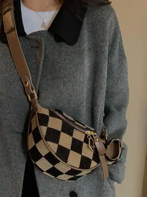 Women's Checked Pattern Fanny Pack, with Headphone Bag, Fashionable PUÂ Leather Zipper Bum Bag for Daily Used, Casual Trendy ...