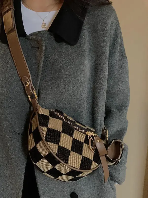 Women's Checked Pattern Fanny Pack, with Headphone Bag, Fashionable PU Leather Zipper Bum Bag for Daily Used, Casual Trendy ...
