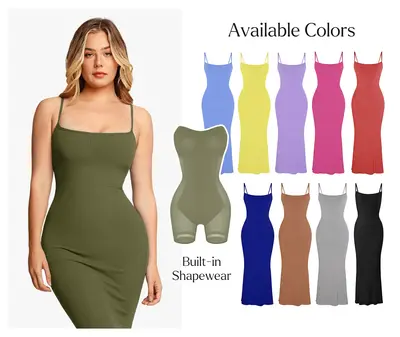 Popilush  Sexy Bodycon Dress Spaghetti Strap Shapewear Tummy Control Soft Fabric Maxi Midi Min